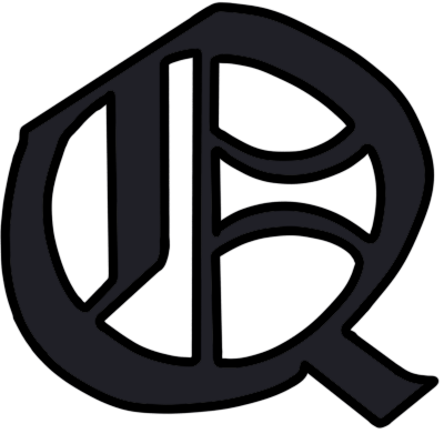 A black capital 'Q' in a Gothic font